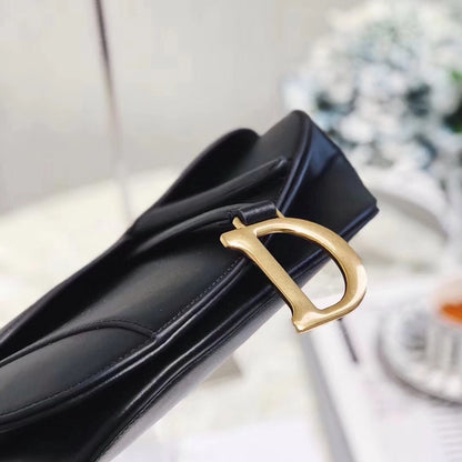 Dior Vintage Black Leather Saddle Bag With Gold Ornaments