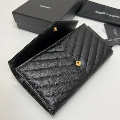 YSL Long Wallet Black Leather Gold Tone 10769 19cm