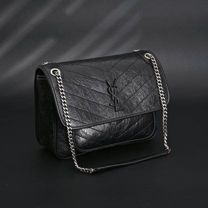 Saint Laurent Niki Medium Black Crinkled Leather Shoulder Bag