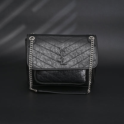 Saint Laurent Niki Medium Black Crinkled Leather Shoulder Bag