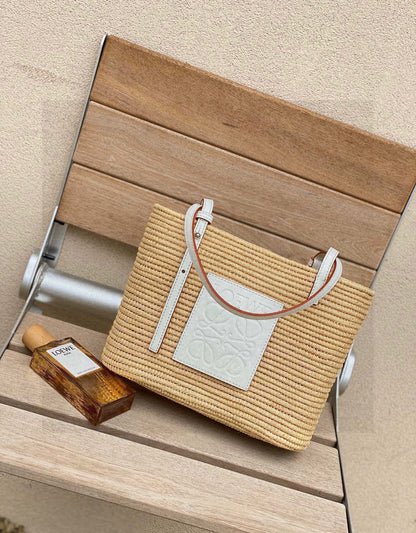 Loewe Small Square Basket Bag In Raffia And Calfskin NaturalWhite