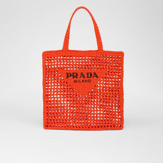 Prada Women's Natural Crochet Tote Bag-Orange