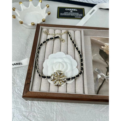 18K  Chanel Black Leather Flower Necklace